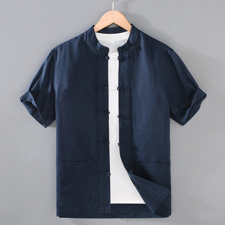 Koszula męska z kieszeniami i guzikami w stylu chińskim z motywem żaby i Buddha Stones w stylu vintage, prosta - MidnightBlue - US/UK/AU46， EU56 (5XL) - image 9