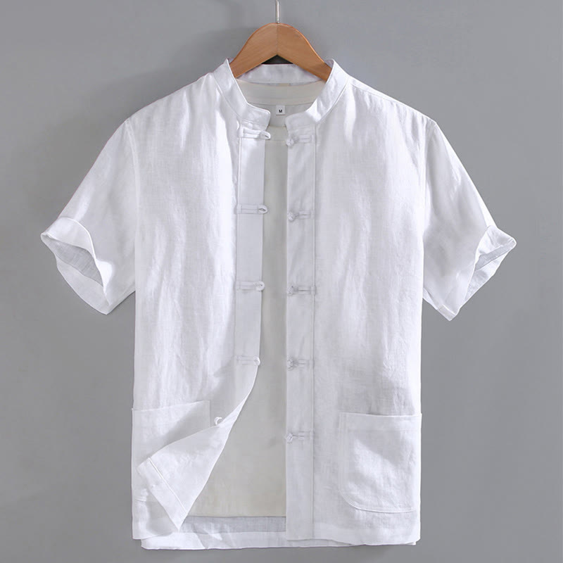 Koszula męska z kieszeniami i guzikami w stylu chińskim z motywem żaby i Buddha Stones w stylu vintage, prosta - Biały - US/UK/AU46， EU56 (5XL) - image 7