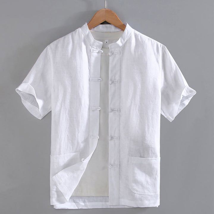 Koszula męska z kieszeniami i guzikami w stylu chińskim z motywem żaby i Buddha Stones w stylu vintage, prosta - Biały - US/UK/AU46， EU56 (5XL) - image 7