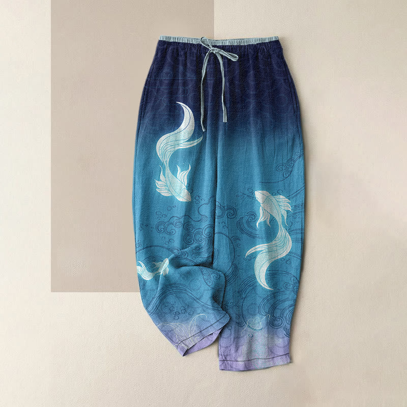 Buddha Stones Spodnie damskie z elastyczną talią i kieszeniami, z czystej bawełny, z motywem falistej ryby Koi - Ciemnoniebieski - US16, UK/AU20, EU48 (3XL) - image 0