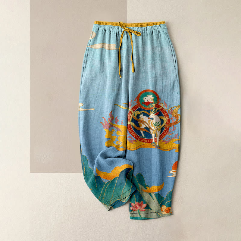 Buddha Stones Spodnie damskie z elastyczną talią i kieszeniami, z czystej bawełny, wzór Deer Mountain Lotus - SkyBlue - US16, UK/AU20, EU48 (3XL) - image 3