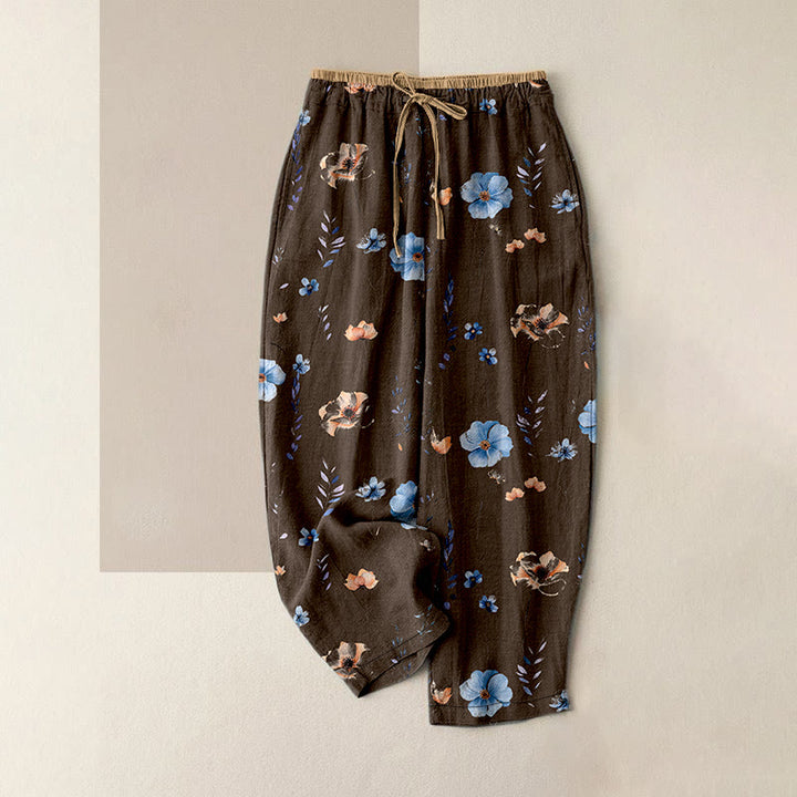 Buddha Stones Spodnie damskie z elastyczną talią i kieszeniami, z czystej bawełny, z motywem dzikiego kwiatu brzoskwini - SaddleBrown - US16, UK/AU20, EU48 (3XL) - image 4