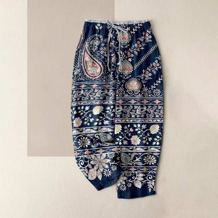 Buddha Stones Spodnie damskie z elastyczną talią i kieszeniami, z czystej bawełny, w wzór paisley i lotosu - Stalowoniebieski - US16, UK/AU20, EU48 (3XL) - image 0