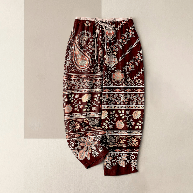 Buddha Stones Spodnie damskie z elastyczną talią i kieszeniami, z czystej bawełny, w wzór paisley i lotosu - Ciemnoczerwony - US16, UK/AU20, EU48 (3XL) - image 4