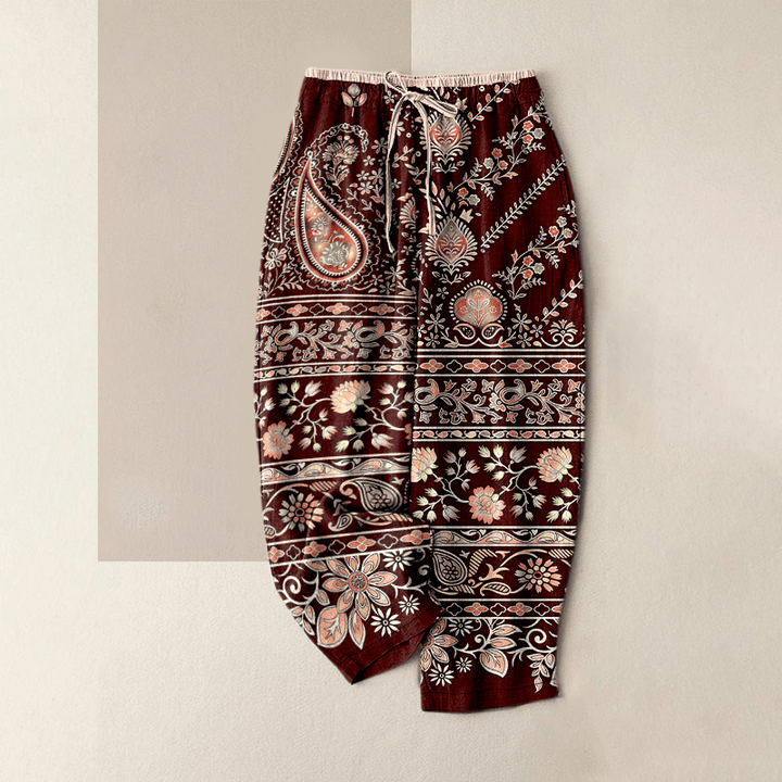Buddha Stones Spodnie damskie z elastyczną talią i kieszeniami, z czystej bawełny, w wzór paisley i lotosu - Ciemnoczerwony - US16, UK/AU20, EU48 (3XL) - image 4