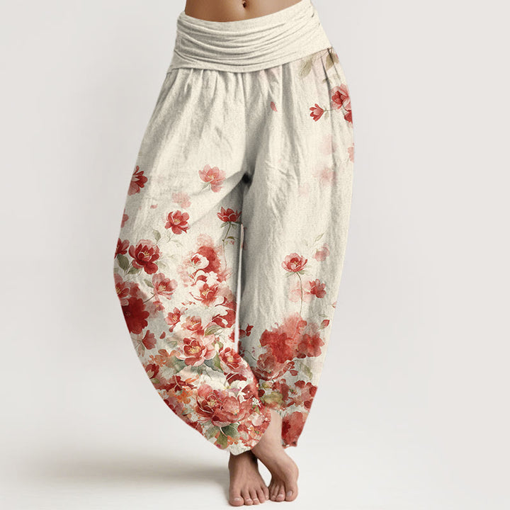 Buddha Stones Spodnie damskie haremowe z bawełny z elastycznym pasem i wzorem w kwiaty kamelii i piwonii - FloralWhite - US16, UK/AU20, EU48 (3XL) - image 0