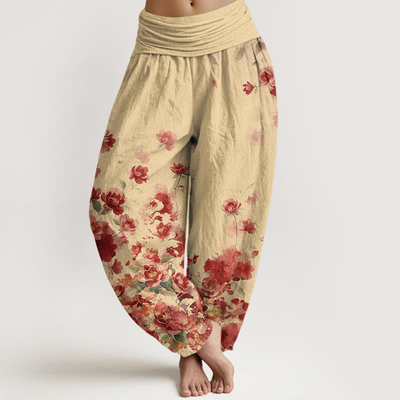Buddha Stones Spodnie damskie haremowe z bawełny z elastycznym pasem i wzorem w kwiaty kamelii i piwonii - Cytrynowe Szyfony - US16, UK/AU20, EU48 (3XL) - image 5