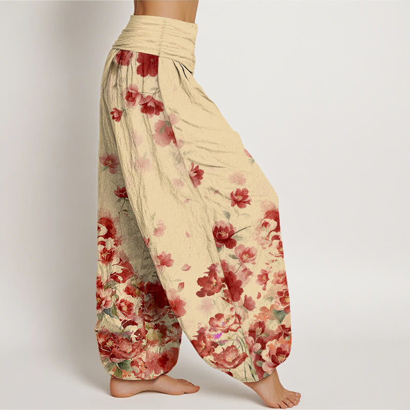 Buddha Stones Spodnie damskie haremowe z bawełny z elastycznym pasem i wzorem w kwiaty kamelii i piwonii - image 7