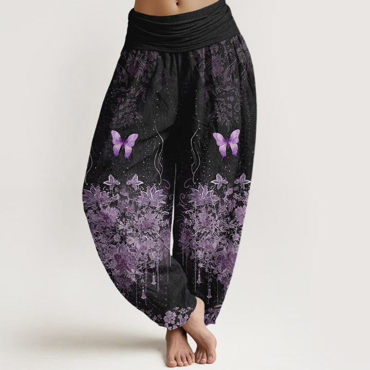 Buddha Stones Spodnie damskie haremowe z bawełny z motywem motyli i kwiatów, z elastyczną talią - Czarny - US16, UK/AU20, EU48 (3XL) - image 0