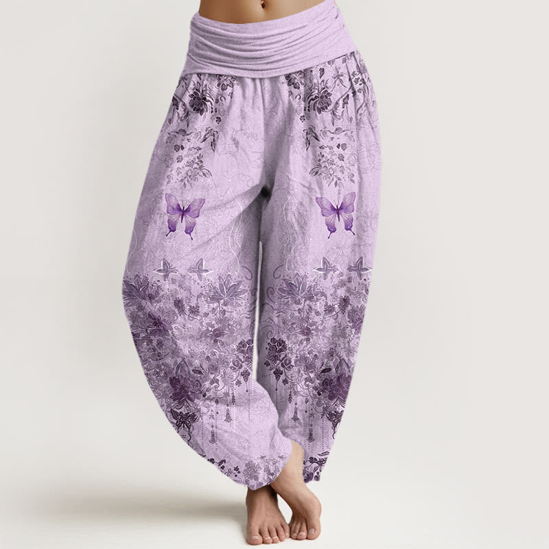 Buddha Stones Spodnie damskie haremowe z bawełny z motywem motyli i kwiatów, z elastyczną talią - Oset - US16, UK/AU20, EU48 (3XL) - image 8