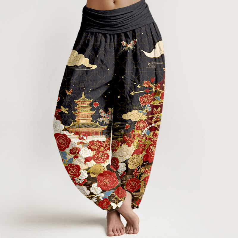 Buddha Stones Spodnie haremki damskie z bawełny z motywem motyli, róż, pagody i serca, z elastyczną talią - Czarny - US16, UK/AU20, EU48 (3XL) - image 0