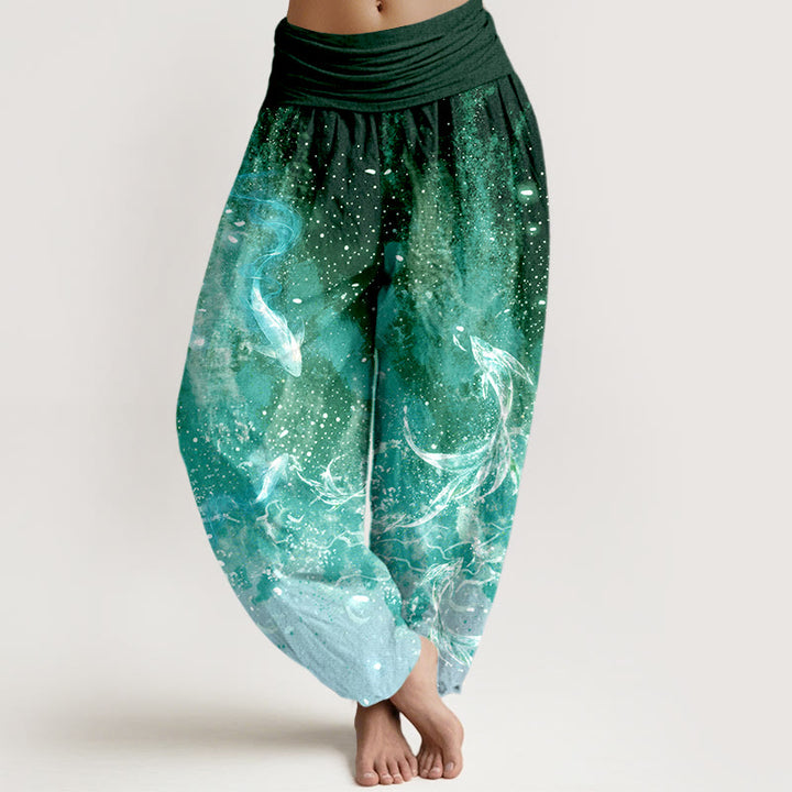 Buddha Stones Spodnie damskie haremowe z bawełny z motywem rybki koi i motywem wodnym - ForestGreen - US16, UK/AU20, EU48 (3XL) - image 8