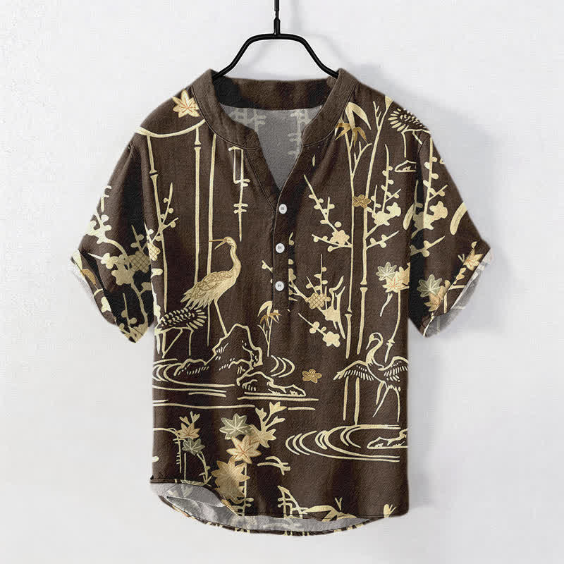 Buddha Stones Koszula męska z krótkim rękawem i kwiatowym wzorem z bawełny i bambusa, zapinana na pół guzika - SaddleBrown - US/UK/AU50, EU60 (5XL) - image 5