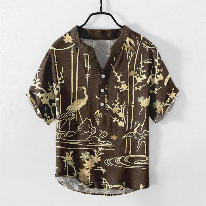 Buddha Stones Koszula męska z krótkim rękawem i kwiatowym wzorem z bawełny i bambusa, zapinana na pół guzika - SaddleBrown - US/UK/AU50, EU60 (5XL) - image 5