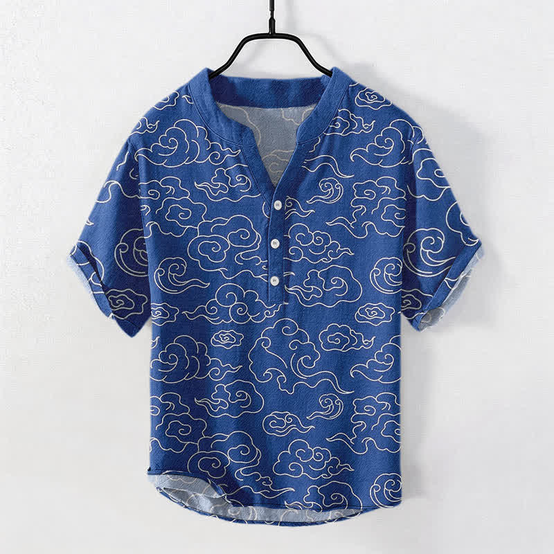 Buddha Stones Koszula męska z krótkim rękawem i półguzikiem z bawełny w chmurki - RoyalBlue - US/UK/AU50, EU60 (5XL) - image 0