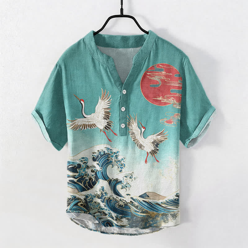 Buddha Stones Koszula męska z krótkim rękawem i falami słonecznymi z bawełny z krótkim rękawem i półguzikiem - CadetBlue - US/UK/AU50, EU60 (5XL) - image 7