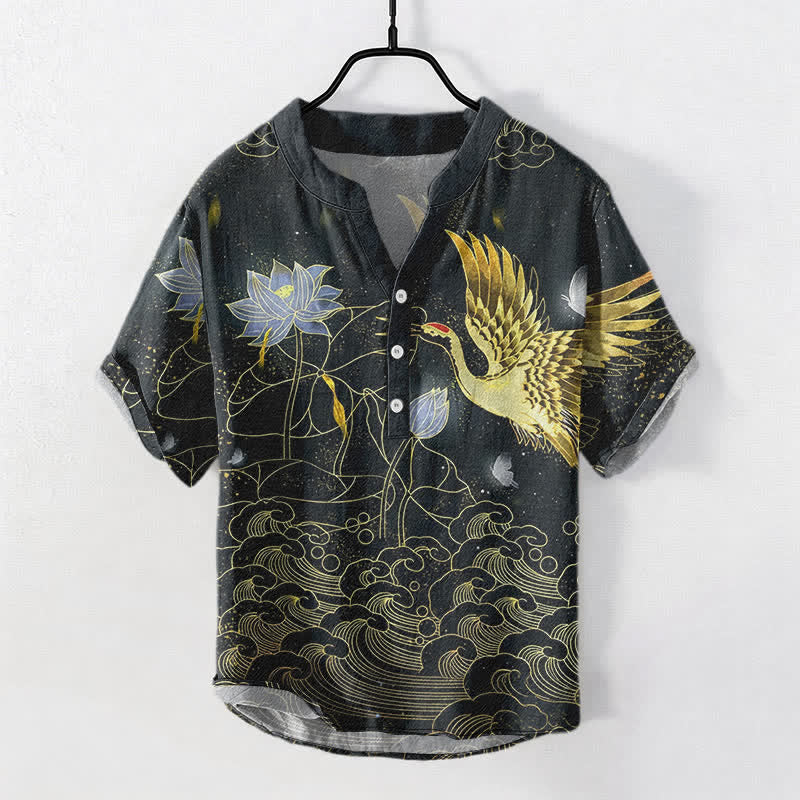Buddha Stones Koszula męska z krótkim rękawem i półguzikiem, z nadrukiem „Crane Wave Lotus Cloud Pattern” - Czarny - US/UK/AU50, EU60 (5XL) - image 0