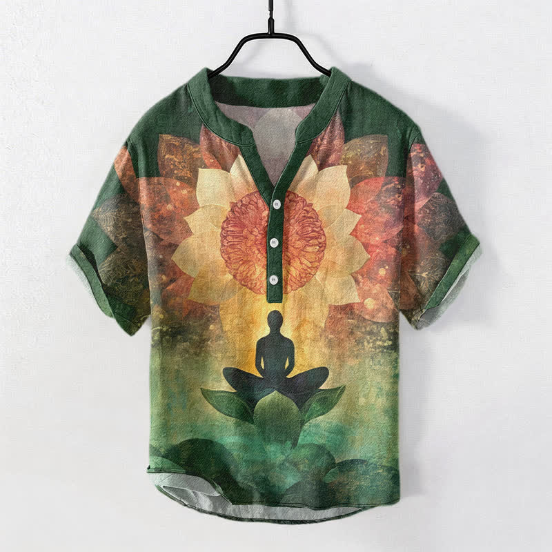 Buddha Stones Koszula męska z krótkim rękawem i półguzikiem z bawełny z motywem medytującej figury lotosu - SeaGreen - US/UK/AU50, EU60 (5XL) - image 0