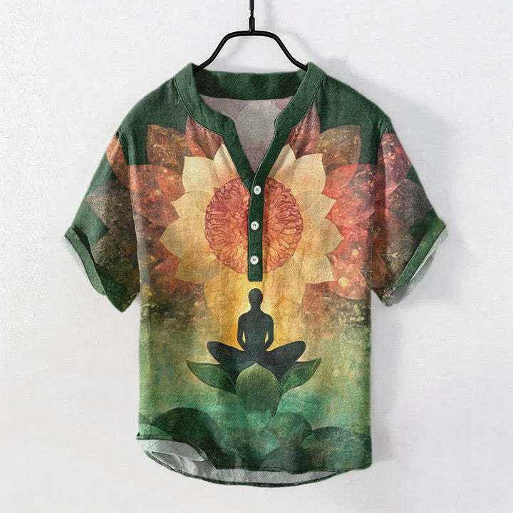 Buddha Stones Koszula męska z krótkim rękawem i półguzikiem z bawełny z motywem medytującej figury lotosu - SeaGreen - US/UK/AU50, EU60 (5XL) - image 0