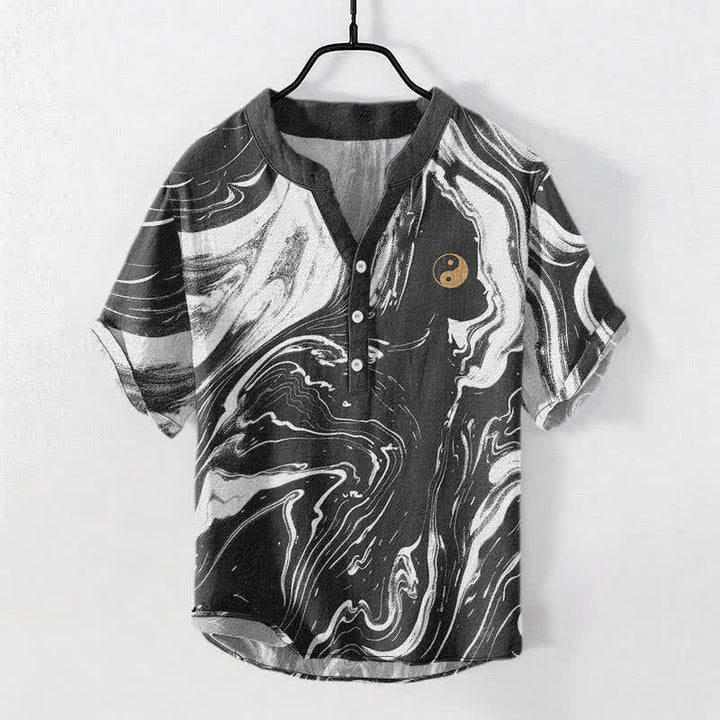 Buddha Stones Koszula męska z krótkim rękawem i krótkim guzikiem z bawełny w stylu Tai Chi - Czarny - US/UK/AU50, EU60 (5XL) - image 0