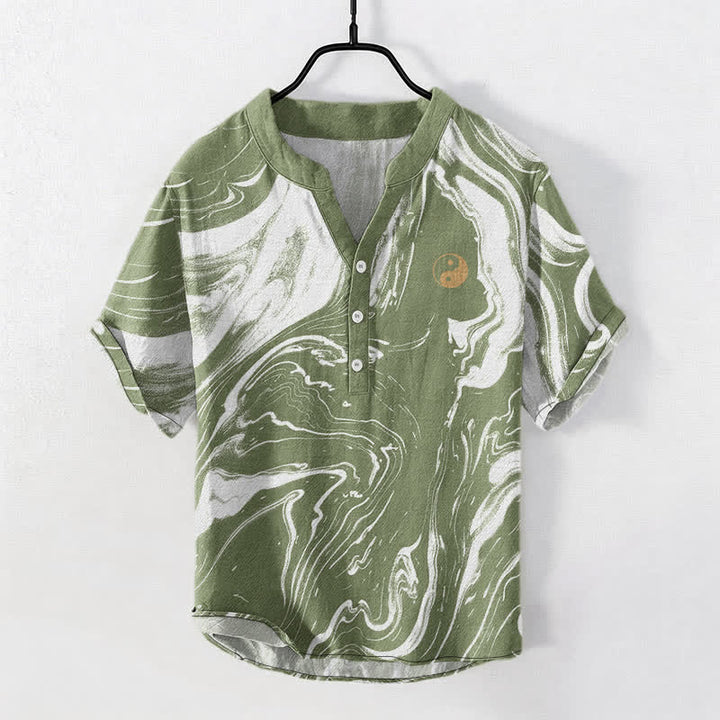 Buddha Stones Koszula męska z krótkim rękawem i krótkim guzikiem z bawełny w stylu Tai Chi - DarkSeaGreen - US/UK/AU50, EU60 (5XL) - image 7