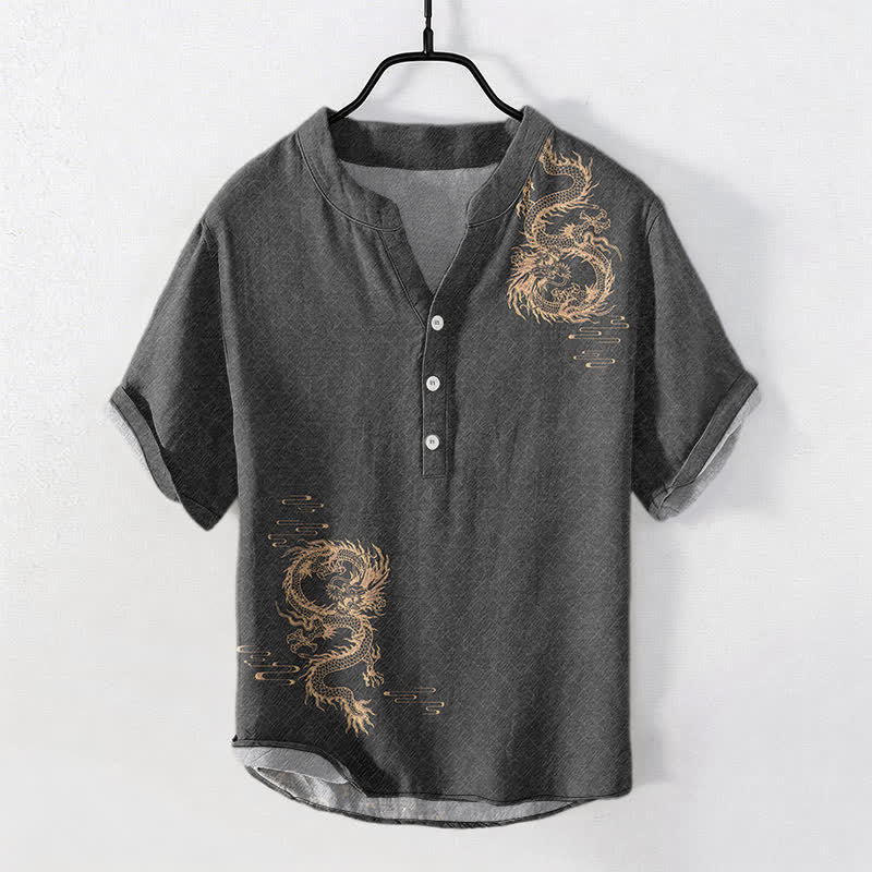 Buddha Stones Koszula męska z krótkim rękawem Cotton Dragon zapinana na pół guzika - image 0