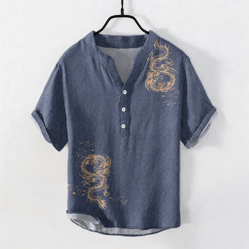 Buddha Stones Koszula męska z krótkim rękawem Cotton Dragon zapinana na pół guzika - image 7