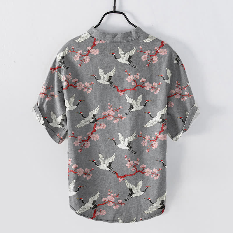 Buddha Stones Koszula męska z krótkim rękawem henley „Crane Plum Blossom” - image 1