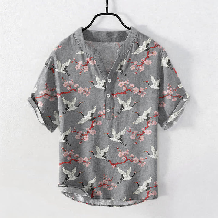 Buddha Stones Koszula męska z krótkim rękawem henley „Crane Plum Blossom” - image 0