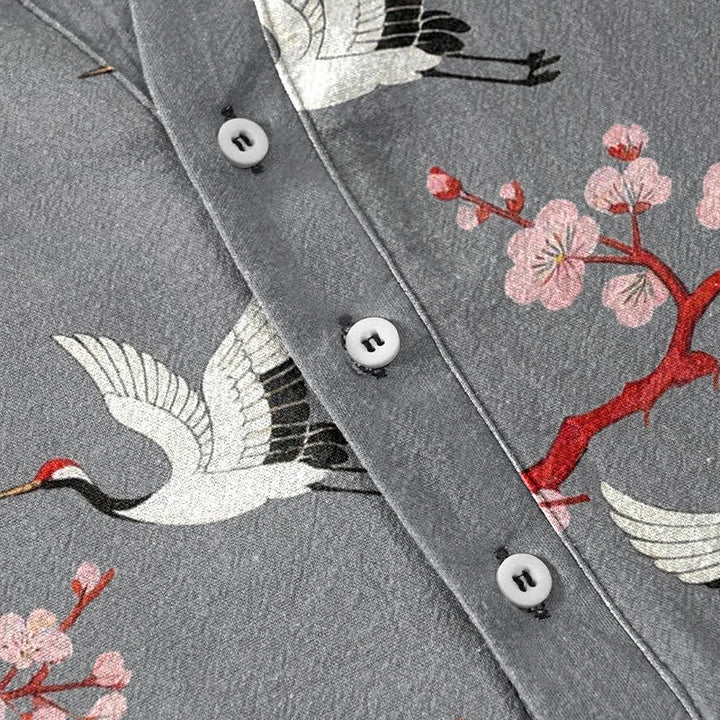 Buddha Stones Koszula męska z krótkim rękawem henley „Crane Plum Blossom” - image 3