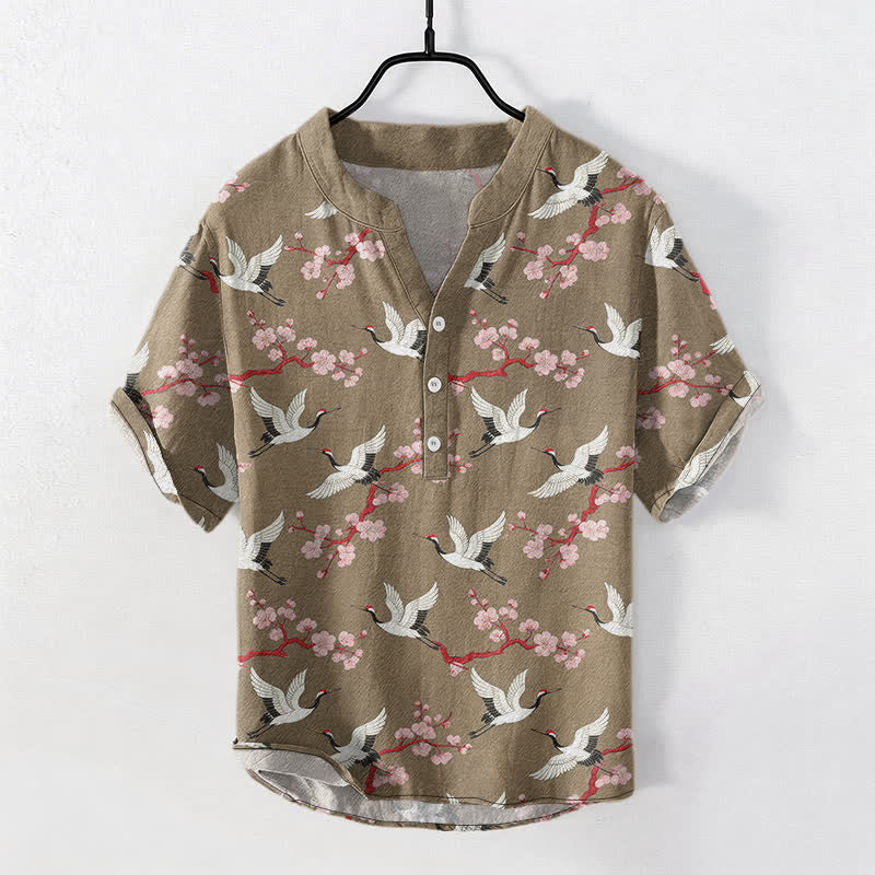 Buddha Stones Koszula męska z krótkim rękawem henley „Crane Plum Blossom” - Dębnik - US/UK/AU50, EU60 (5XL) - image 5