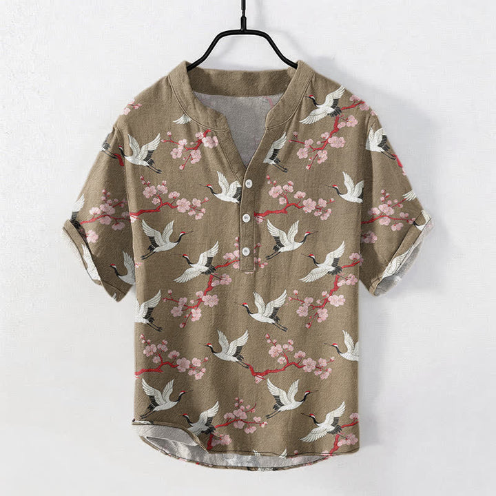 Buddha Stones Koszula męska z krótkim rękawem henley „Crane Plum Blossom” - Dębnik - US/UK/AU50, EU60 (5XL) - image 5