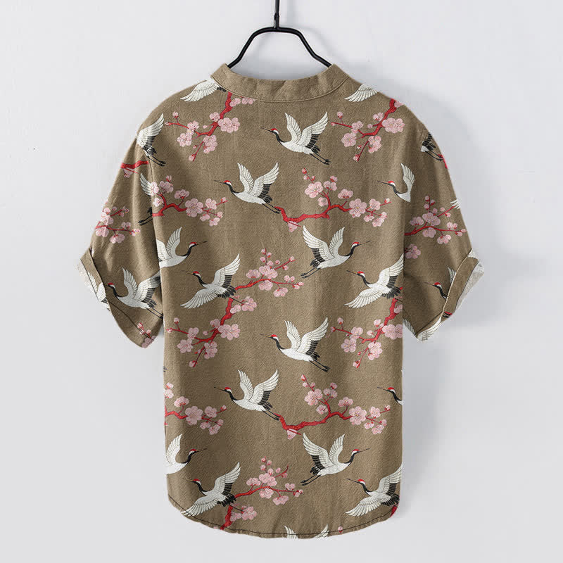 Buddha Stones Koszula męska z krótkim rękawem henley „Crane Plum Blossom” - image 6
