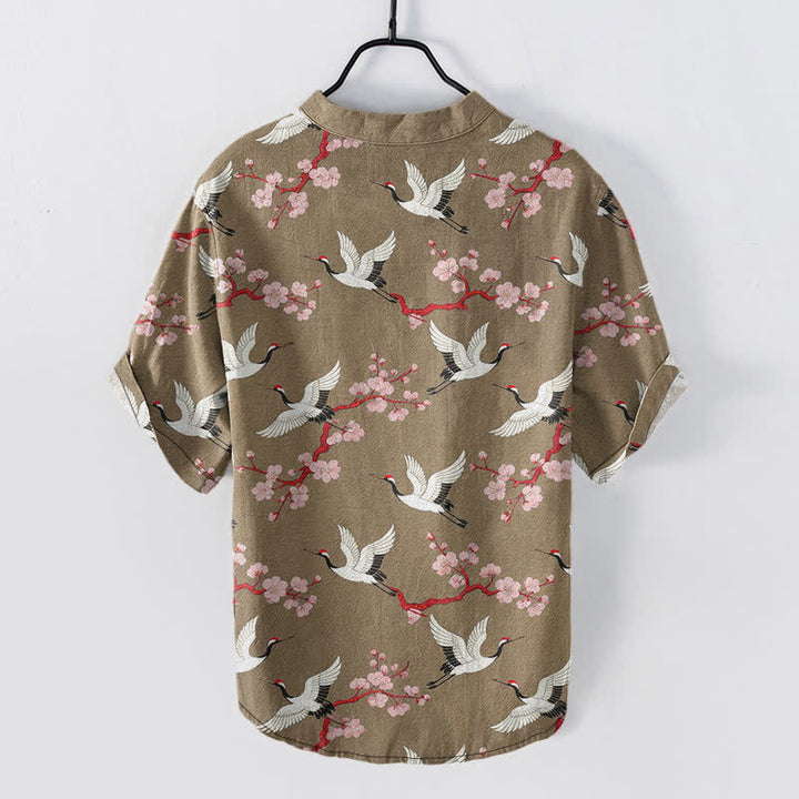 Buddha Stones Koszula męska z krótkim rękawem henley „Crane Plum Blossom” - image 6