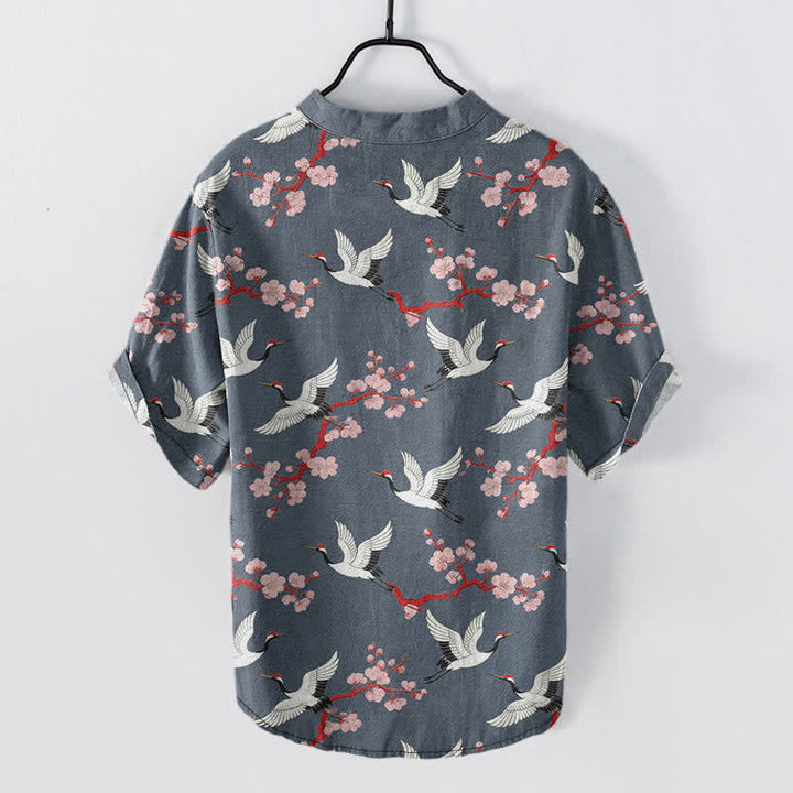 Buddha Stones Koszula męska z krótkim rękawem henley „Crane Plum Blossom” - image 8