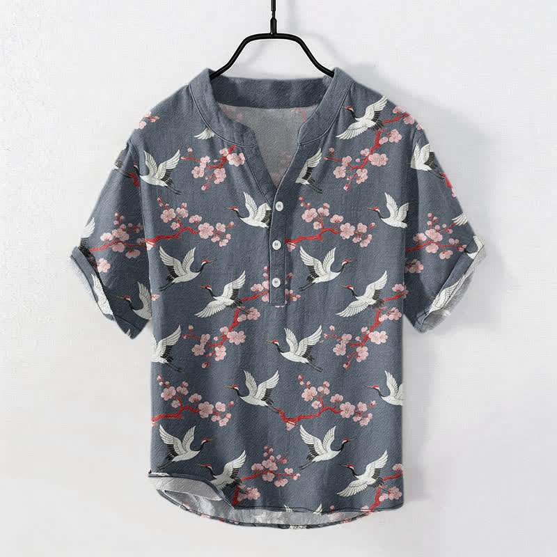 Buddha Stones Koszula męska z krótkim rękawem henley „Crane Plum Blossom” - Łupkowoszary - US/UK/AU50, EU60 (5XL) - image 7
