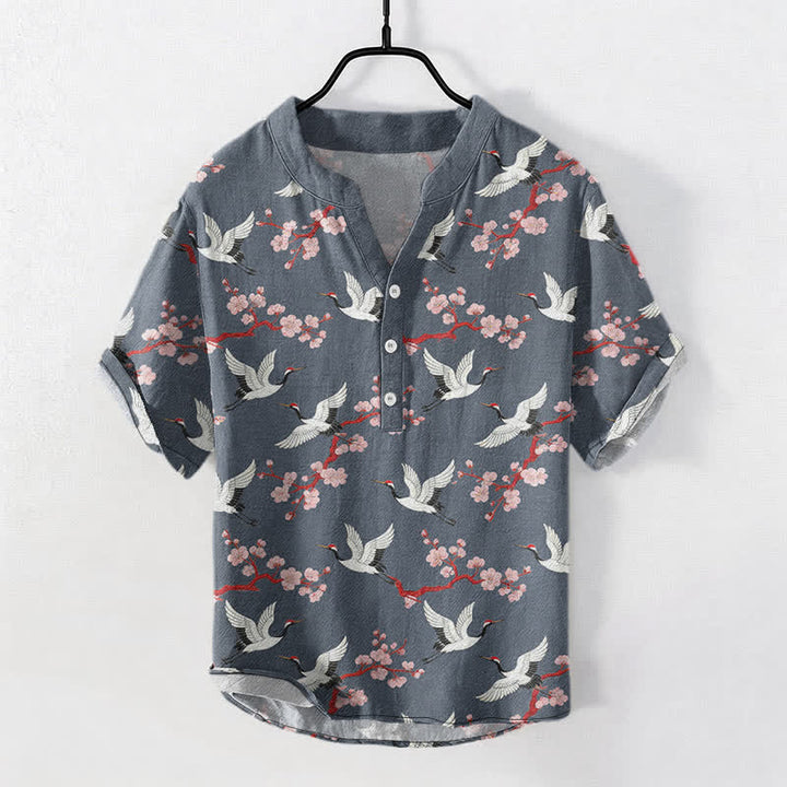 Buddha Stones Koszula męska z krótkim rękawem henley „Crane Plum Blossom” - Łupkowoszary - US/UK/AU50, EU60 (5XL) - image 7