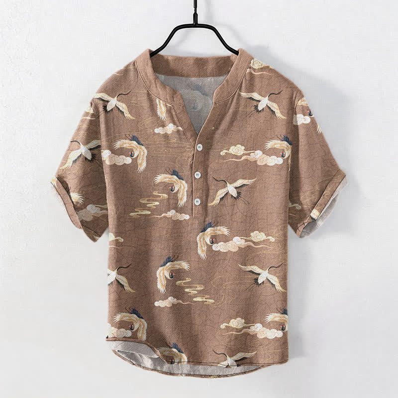 Buddha Stones Koszula męska z krótkim rękawem Flying Birds Cloud zapinana na pół guzika - BurlyWood - US/UK/AU50, EU60 (5XL) - image 0
