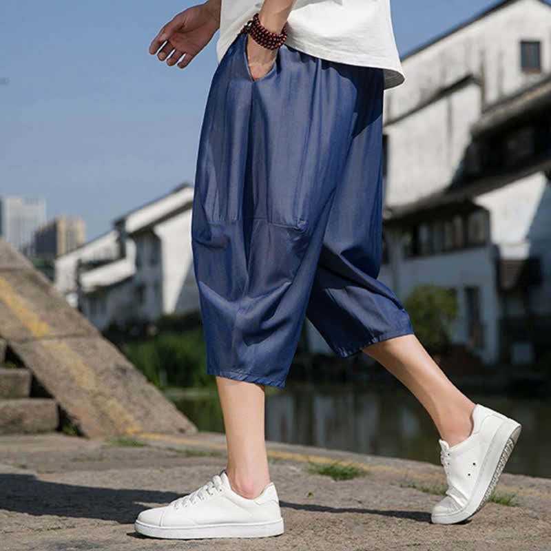 Buddha Stones Letnie, elastyczne, ściągane sznurkiem spodnie męskie w jednolitym kolorze, zwężane, z kieszeniami - image 8