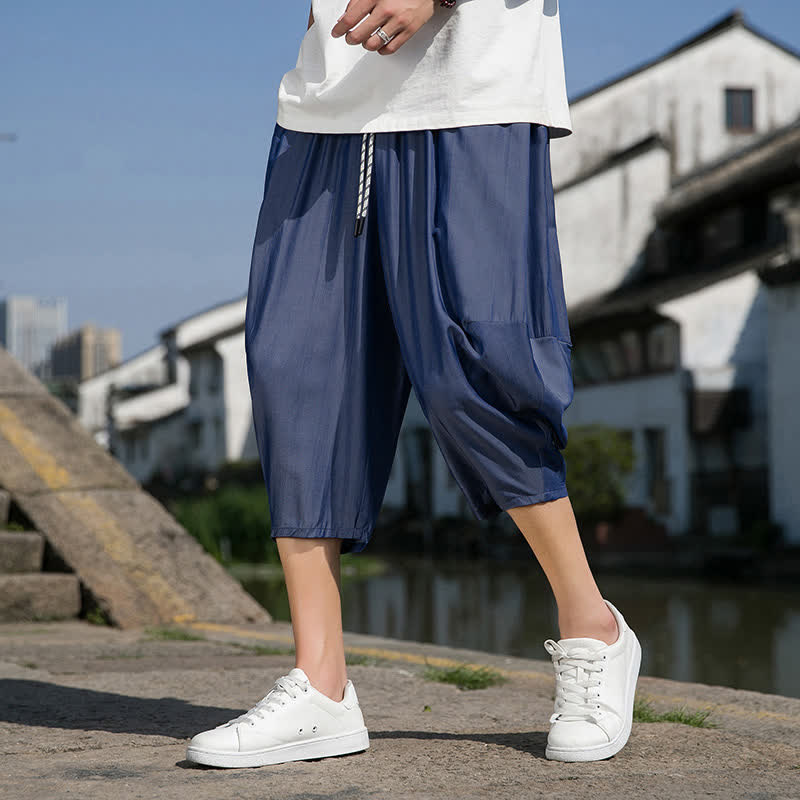 Buddha Stones Letnie, elastyczne, ściągane sznurkiem spodnie męskie w jednolitym kolorze, zwężane, z kieszeniami - SlateBlue - US/UK/AU46， EU56 (5XL) - image 0