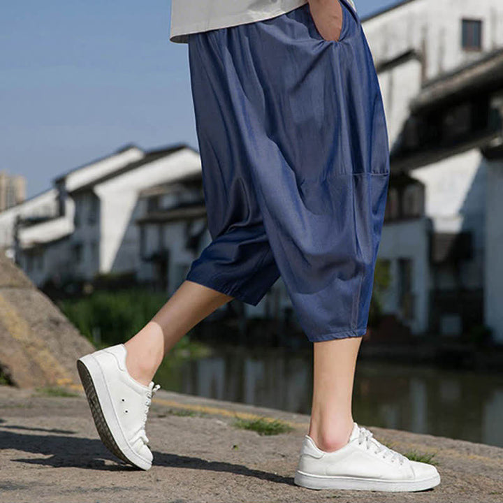 Buddha Stones Letnie, elastyczne, ściągane sznurkiem spodnie męskie w jednolitym kolorze, zwężane, z kieszeniami - image 6