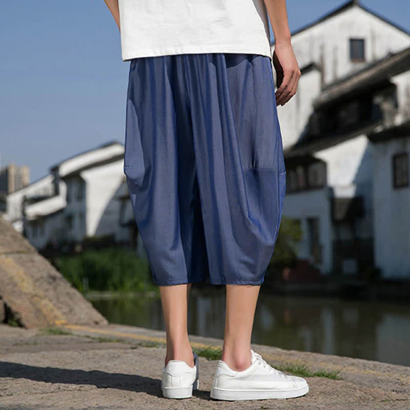 Buddha Stones Letnie, elastyczne, ściągane sznurkiem spodnie męskie w jednolitym kolorze, zwężane, z kieszeniami - image 2