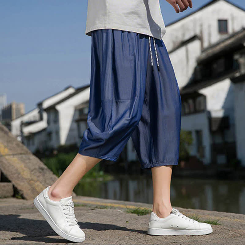 Buddha Stones Letnie, elastyczne, ściągane sznurkiem spodnie męskie w jednolitym kolorze, zwężane, z kieszeniami - image 3