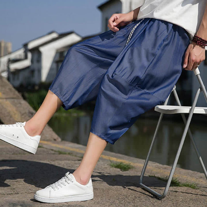 Buddha Stones Letnie, elastyczne, ściągane sznurkiem spodnie męskie w jednolitym kolorze, zwężane, z kieszeniami - image 9