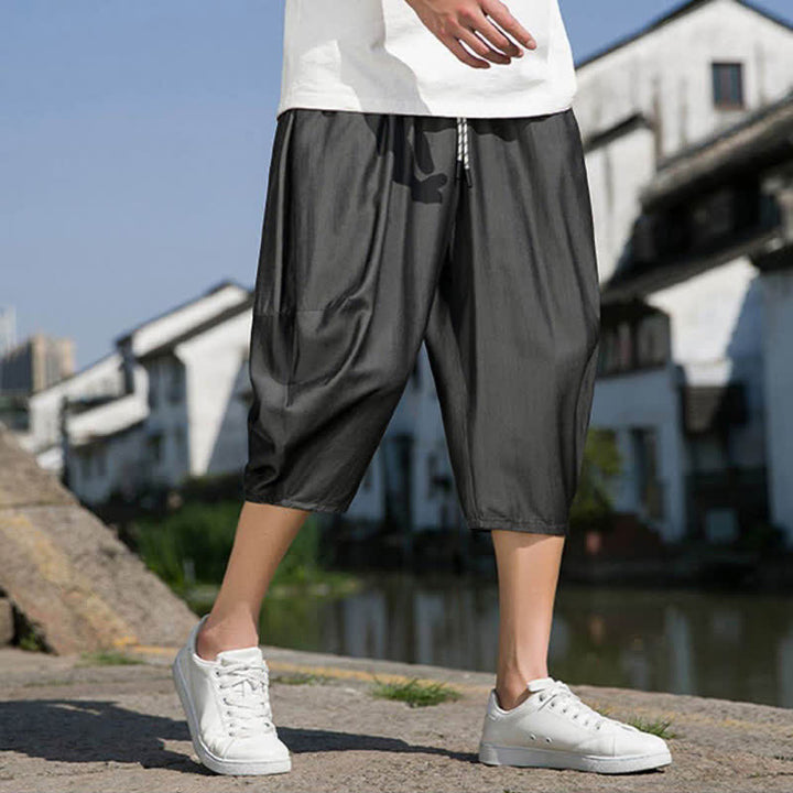 Buddha Stones Letnie, elastyczne, ściągane sznurkiem spodnie męskie w jednolitym kolorze, zwężane, z kieszeniami - image 15