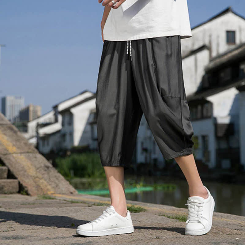 Buddha Stones Letnie, elastyczne, ściągane sznurkiem spodnie męskie w jednolitym kolorze, zwężane, z kieszeniami - DimGray - US/UK/AU46， EU56 (5XL) - image 10