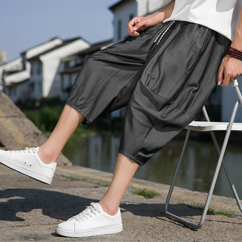 Buddha Stones Letnie, elastyczne, ściągane sznurkiem spodnie męskie w jednolitym kolorze, zwężane, z kieszeniami - image 16