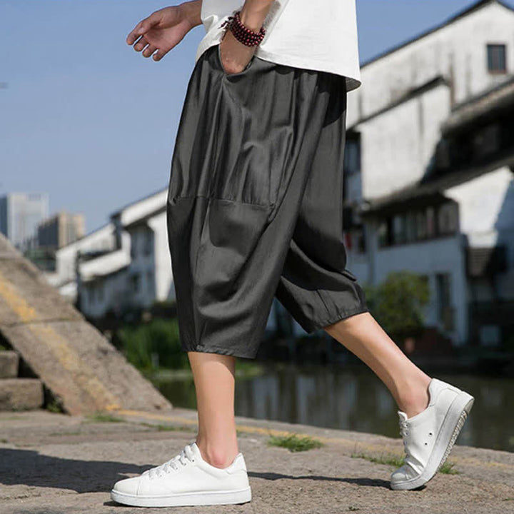 Buddha Stones Letnie, elastyczne, ściągane sznurkiem spodnie męskie w jednolitym kolorze, zwężane, z kieszeniami - image 13