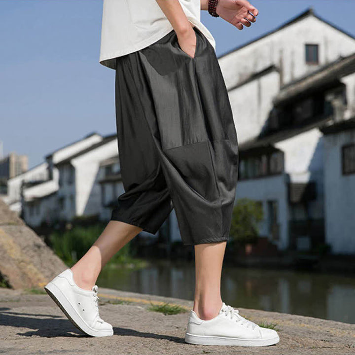 Buddha Stones Letnie, elastyczne, ściągane sznurkiem spodnie męskie w jednolitym kolorze, zwężane, z kieszeniami - image 18