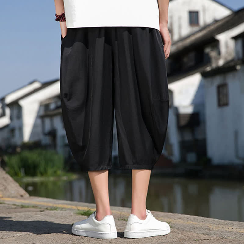 Buddha Stones Letnie, elastyczne, ściągane sznurkiem spodnie męskie w jednolitym kolorze, zwężane, z kieszeniami - image 24